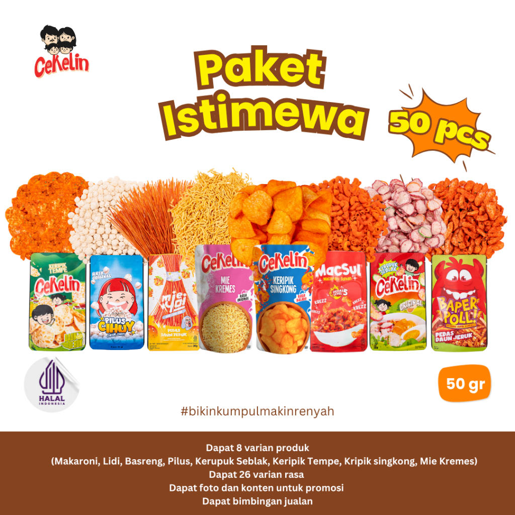 

CEKELIN Cemilan Paket Istimewa 50pcs 8 Produk 26 Varian Rasa Gratis Ongkir