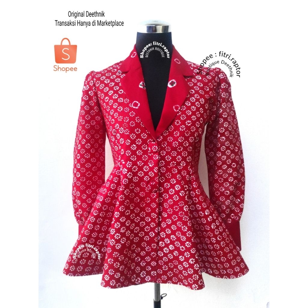 Batik wanita model Blazer peplum lengan balon warna merah