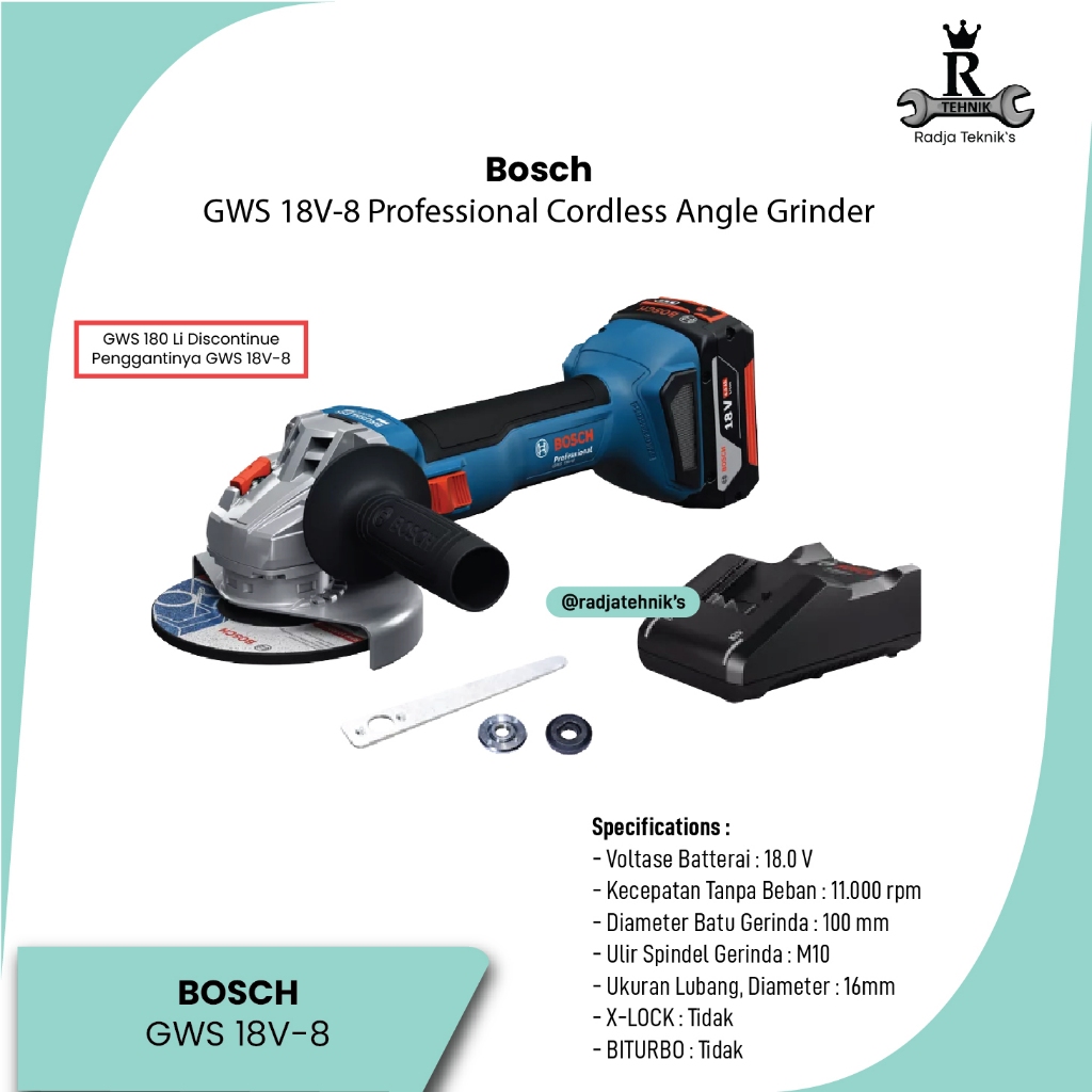 BOSCH  Bosch Gerinda Cordless GWS 18V-8 18V  Gerinda Cordless Sudut   Alat Tukang Serbaguna