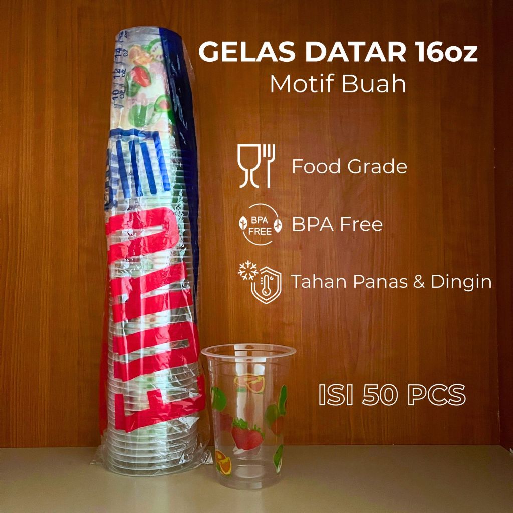 (Grosir) Gelas Plastik 16 oz EURO Motif Buah 50 Pcs Hemat Praktis Gelas Es Teh Motif
