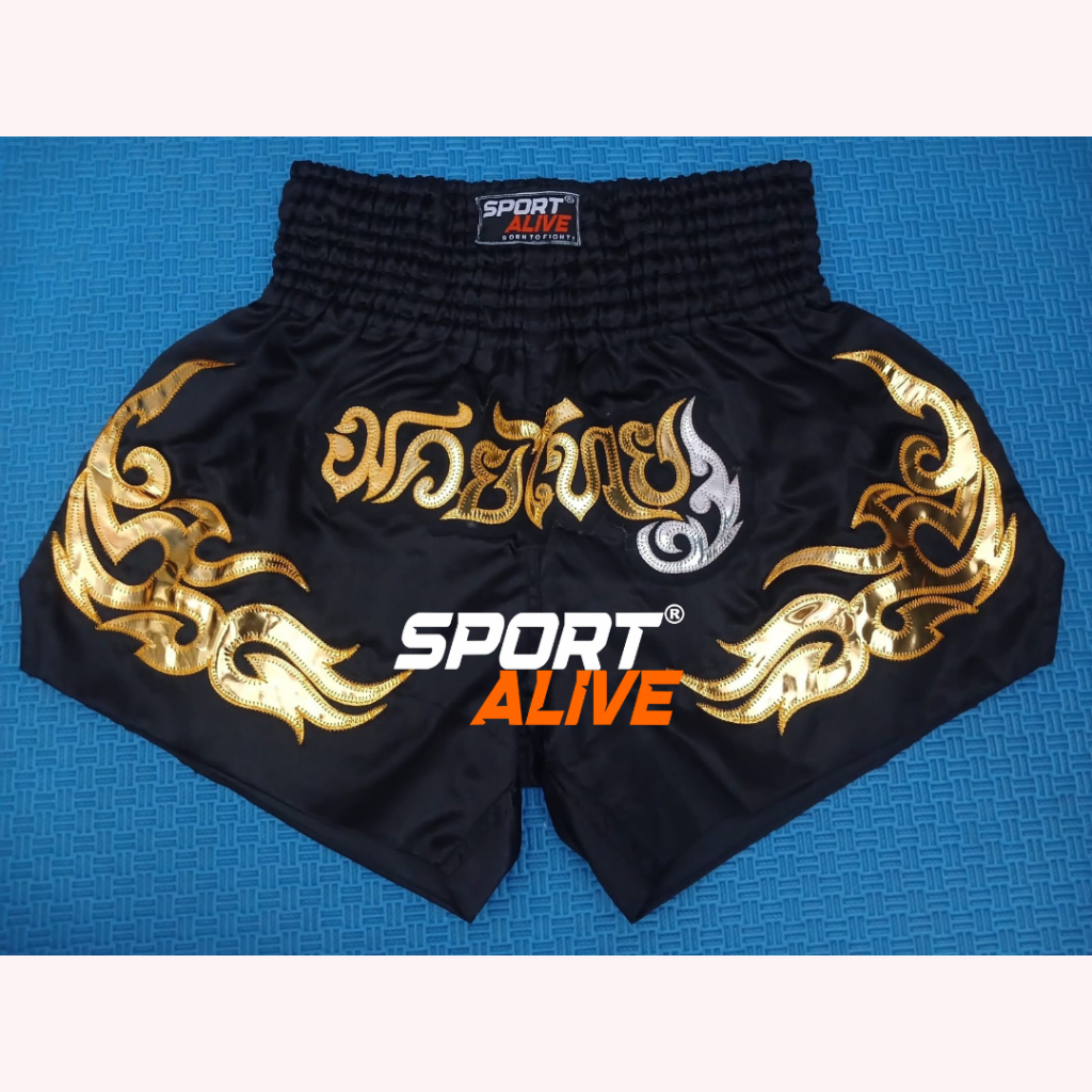 Celana Muaythai Fighter SPORTALIVE PRO Series Short Pants Muay Thai BLACK GOLD