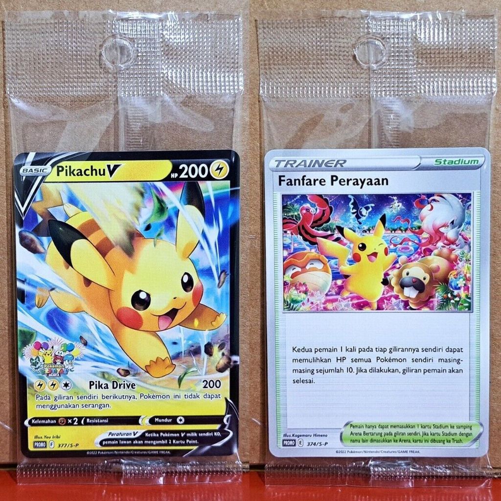 Pikachu V 377/S-P & Fanfare Perayaan 374/S-P Promo Set Pokemon TCG Card Indonesia Original