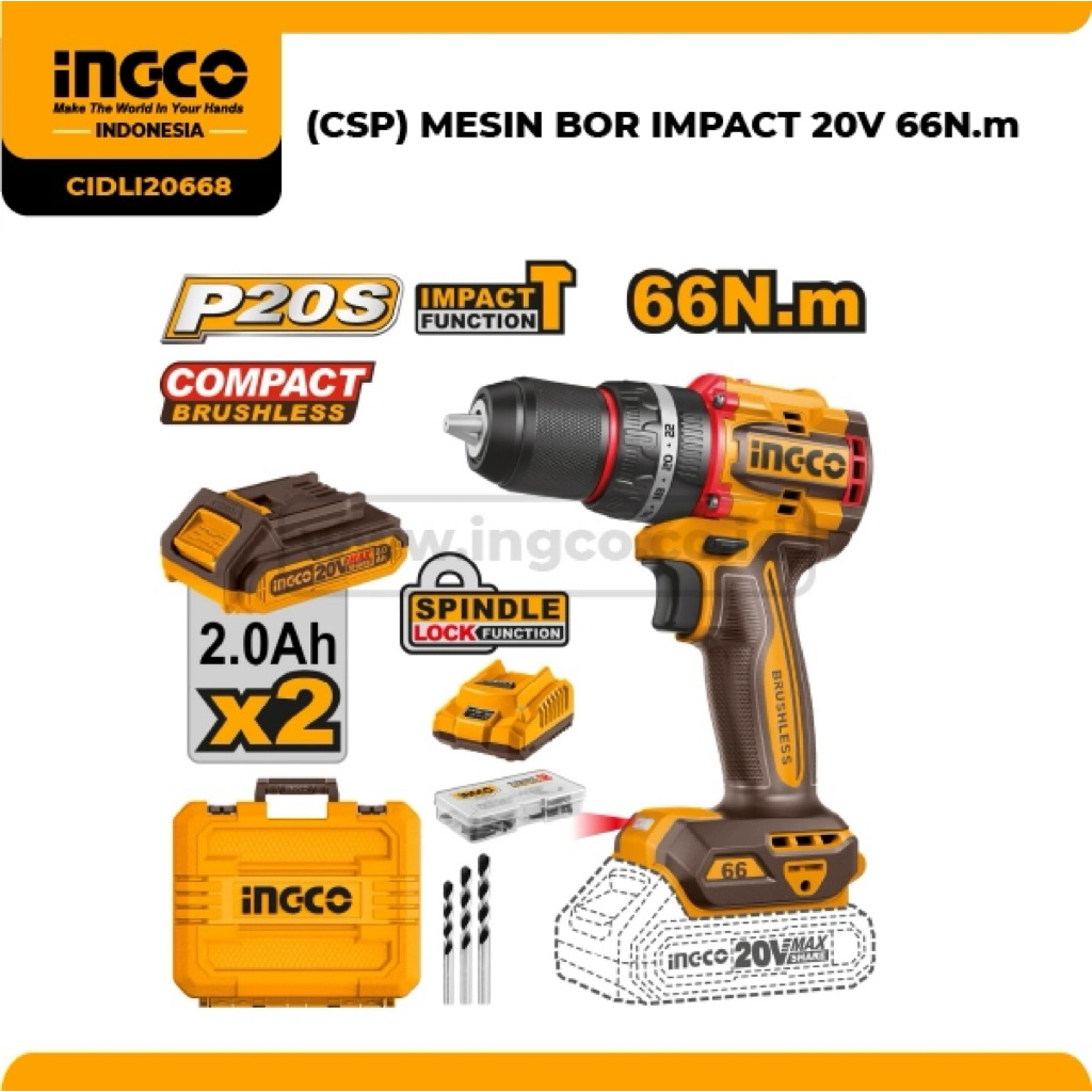 MESIN BOR IMPACT CORDLLES 20 VOLT INGCO CIDLI20668