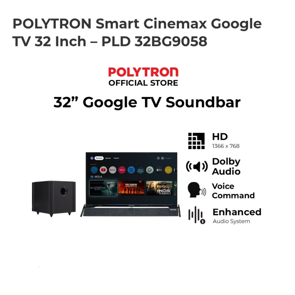 TV POLYTRON 32BG9058 SINEMAX SOUNBAR SPEAKER GOOGLE TV PERINTAH SUARA