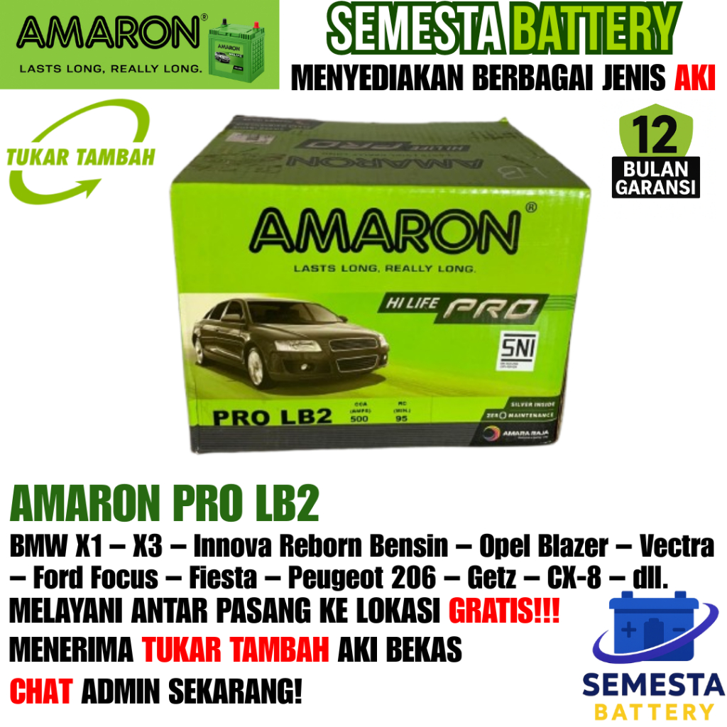Aki Mobil Amaron PRO LB2 – Aki Kering, Garansi 12 Bulan – Cocok untuk BMW X1, X3, Innova Reborn Bens