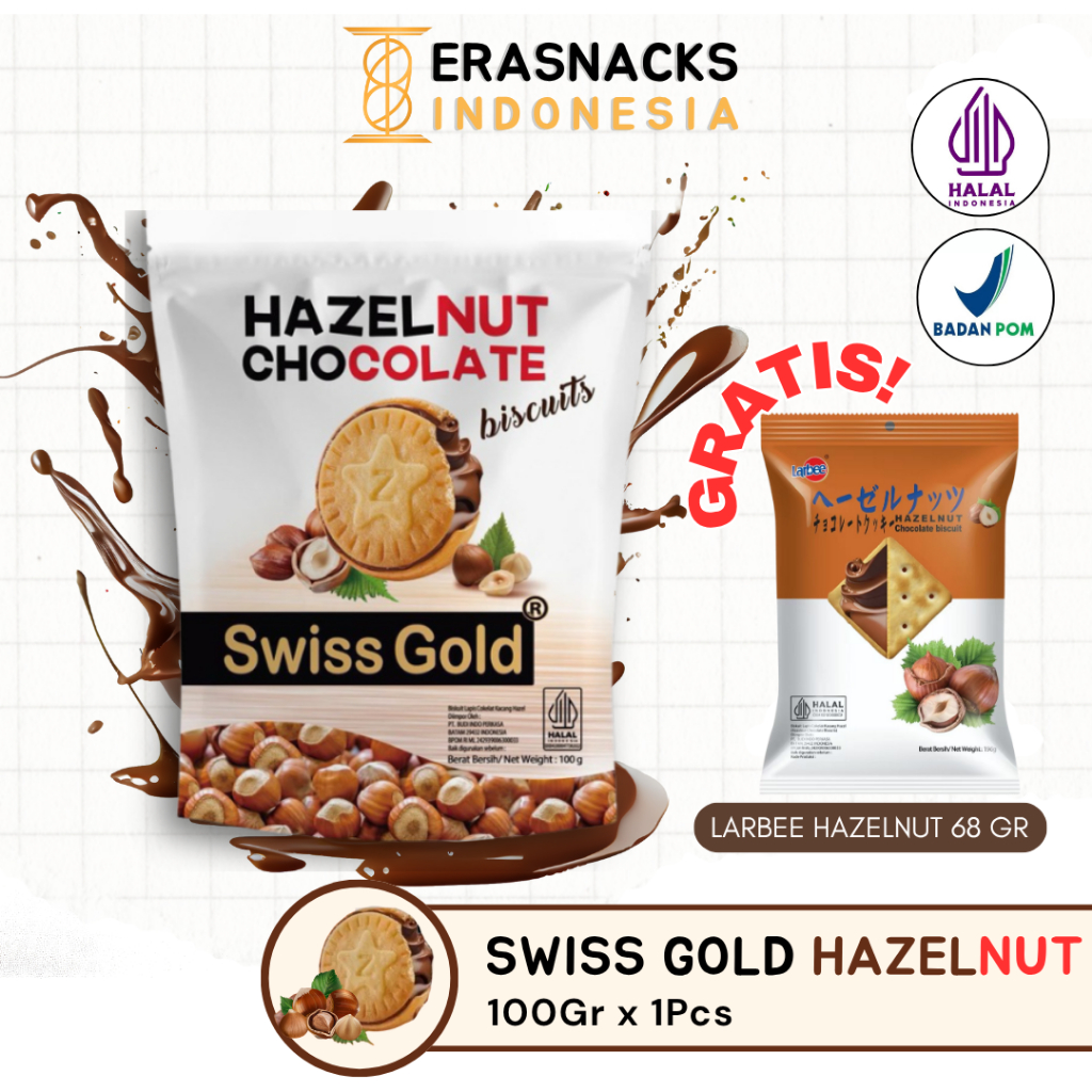 

Swiss Gold Hazelnut Chocolate Biscuit / Hazelnut Coklat Biskuit 100gr GRATIS LARBEE 68GR