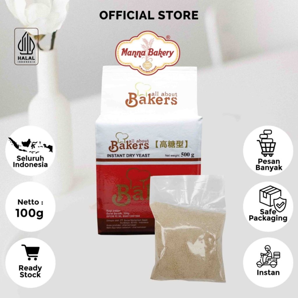 

RAGI KERING YEAST ALL ABOUT BAKER / AA BAKERS INSTAN DRY YEAST 100 GR/ KEMASAN REPACK ECER 100GR MURAH