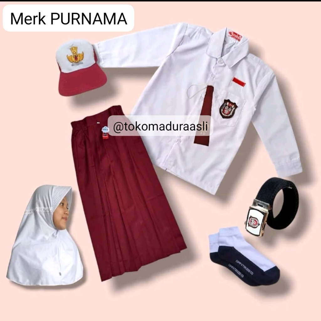 SERAGAM SEKOLAH SD merk PURNAMA merah putih anak perempuan set lengkap lengan panjang rok panjang