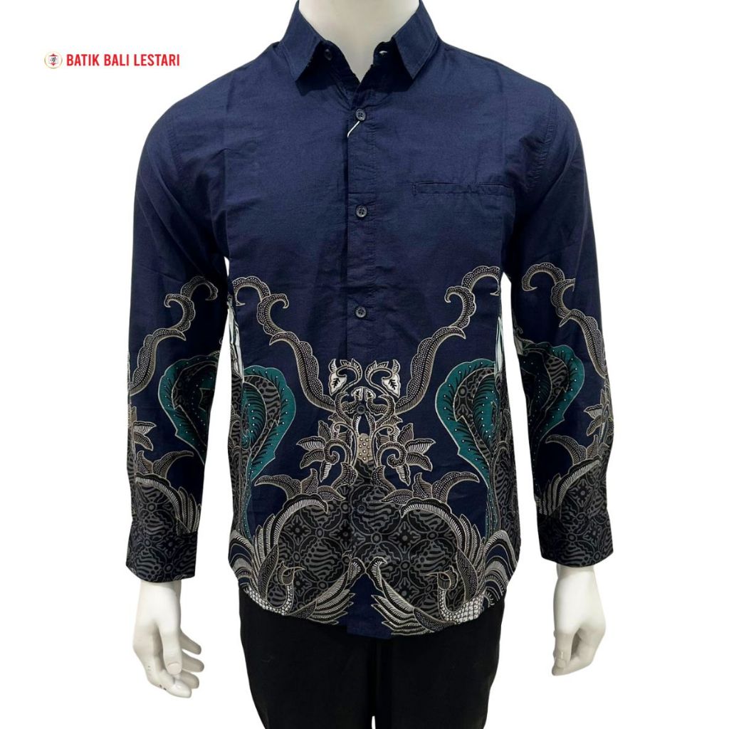 Batik Bali Lestari Kemeja Pria Lengan Panjang Slimfit Katun Biru Dongker (KQ25)