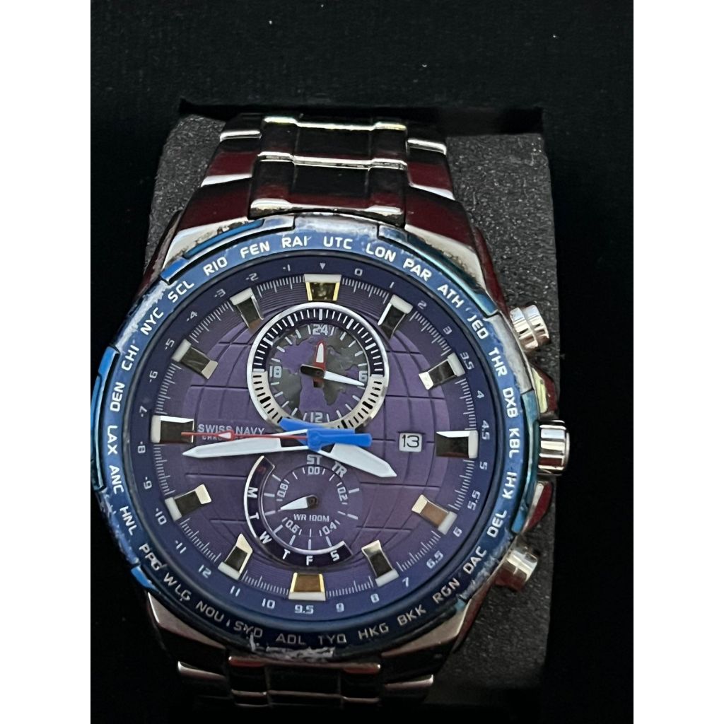 JAM TANGAN PRIA CHRONOGRAPH BIRU SWISS NAVY 8005 PREELOVE
