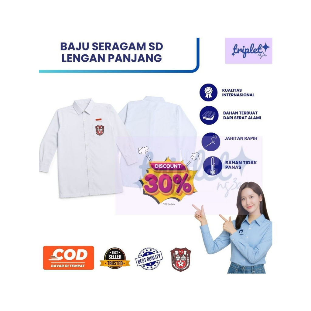 BAJU SERAGAM SD LENGAN PANJANG MURAH | SERAGAM SD PUTIH LENGAN PANJANG