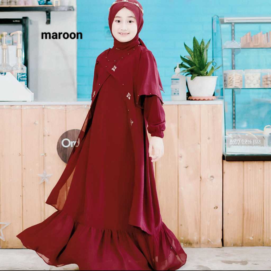 Smartbye Satu Set Zhena Dress Anak Warna Maroon Kerudung Dan Gamis Ceruty Babydoll Payet Mutiara