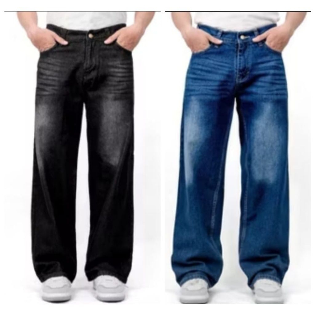 [ UNISEX ] Celana Jeans Skena Loose COWOK/CEWEK Korean Style Haigwaist Hitam Wisker Baggy Loose - Ce