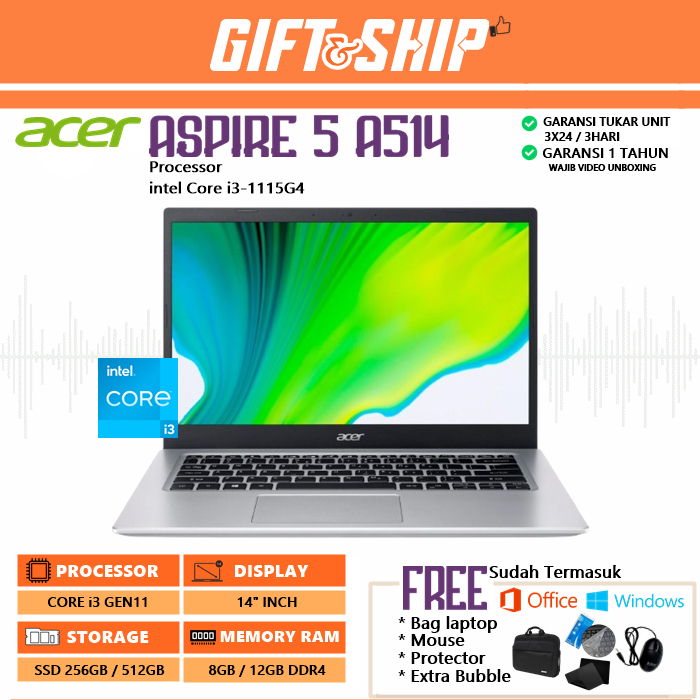 ACER A514-54 Core i3-1115G4 [RAM 12GB/SSD 512GB] 14" INCH W 11 free BAG LAPTOP-MOUSE