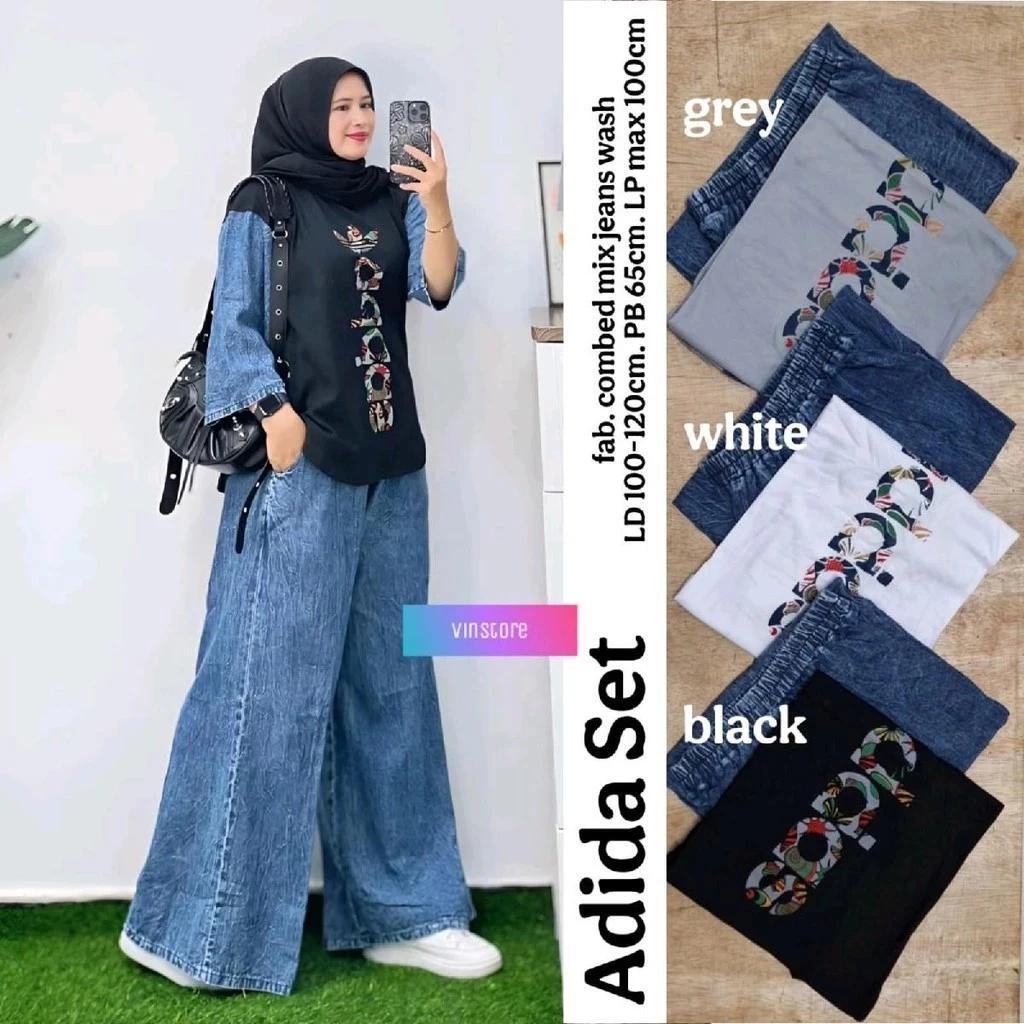 Setelan Jeans Wanita Setelan Kaos Mix Jeans Baju Setelan Wanita Kekinian Terbaru OneSet Wanita Terba