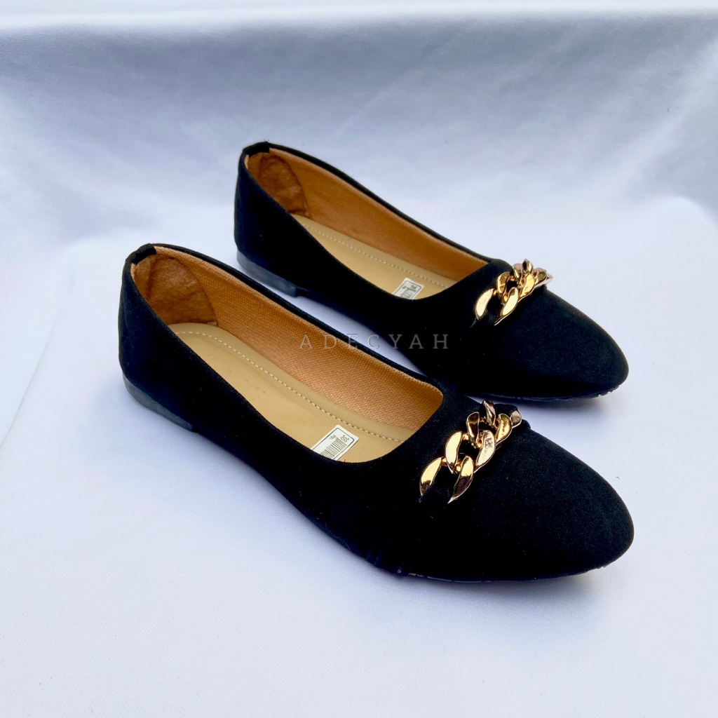 Sepatu Flat Wanita Ujung Runcing Aksesoris Rantai Emas - Sepatu Teplek Wanita Hitam Casual Model Lok
