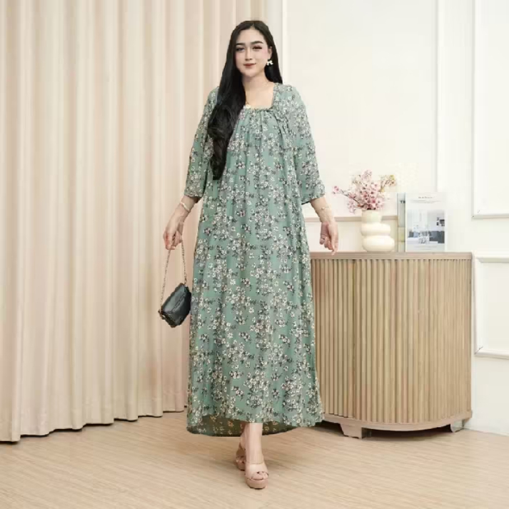 Gaun Bunga Lengan Panjang Motif/Daster Fuji Kerut Dada Ukuran Jumbo Motif Bunga