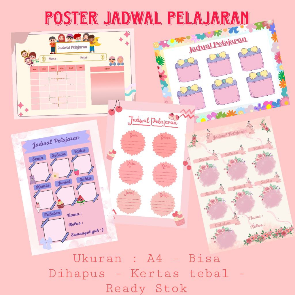 

*GRAFIS_IKA* Poster Jadwal Pelajaran - Pink - WipeClean - Bahan Kertas Tebal - Ukuran A4 - bisa Custom - Termurah