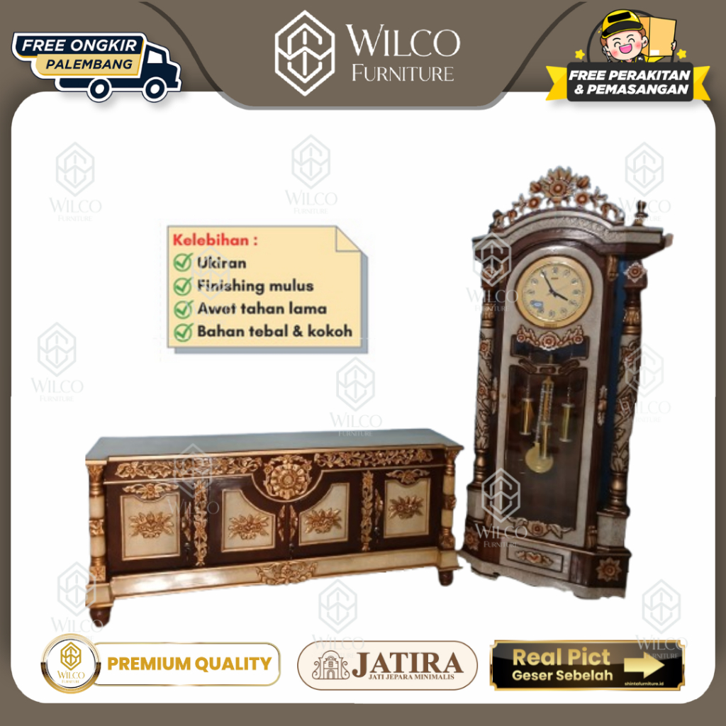 Lemari TV Jati Bulan + Jam Marmer Gadang Jati Minimalis | Buffet Bopet TV Biola JATIRA Dan jam Gadan