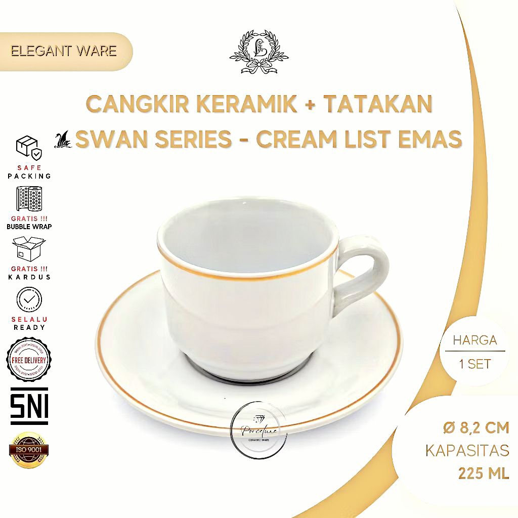 CANGKIR KERAMIK SWAN PUTIH LIST MAS BY LUCKY/ CANGKIR KOPI / CANGKIR KERAMIK PREMIUM