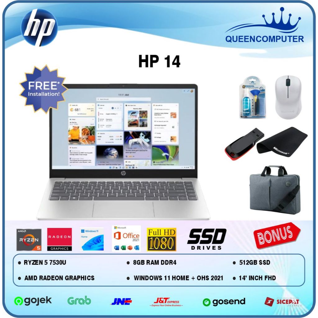 PROMO Laptop HP 14 Ryzen 5 7530U 2x4GB 512GB W11 OHS 2021 14Inch FHD Garansi Resmi 2Y