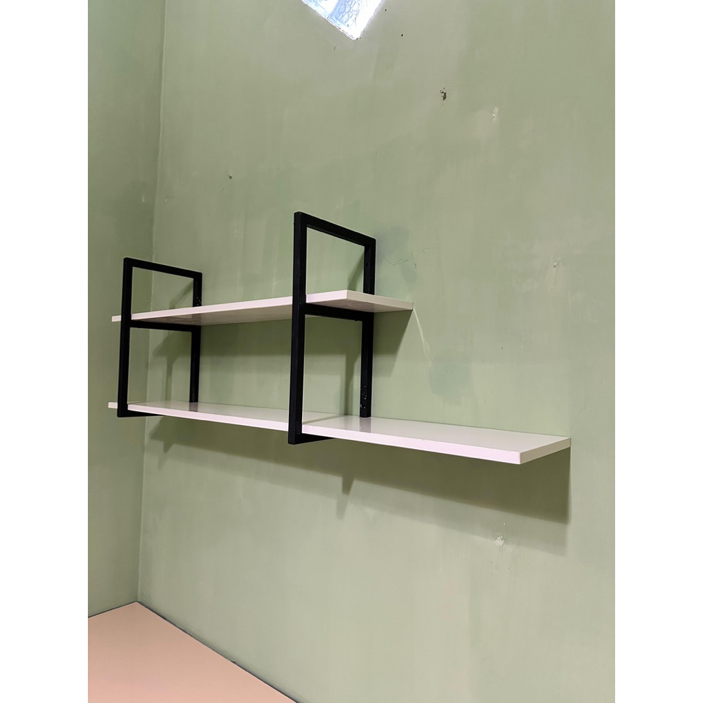 Rak Ambalan Dinding 2 Susun Besi Kuat – Papan Multiplek Superwood HPL Motif Kayu | Rak Gantung Minim