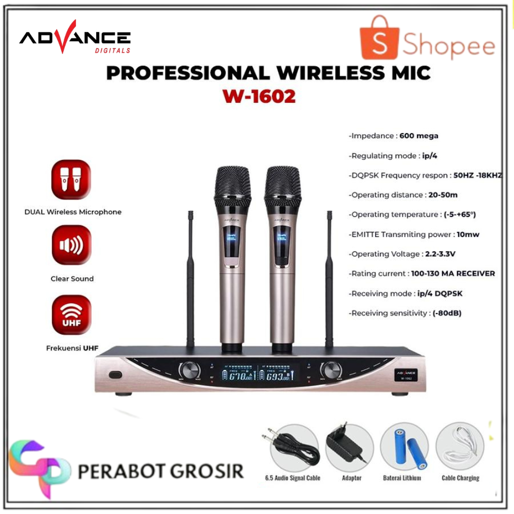Advance W-1062 Dual Mic Wireless Profesional Microphone + Amplifier Mic Wireless Batrei Gold