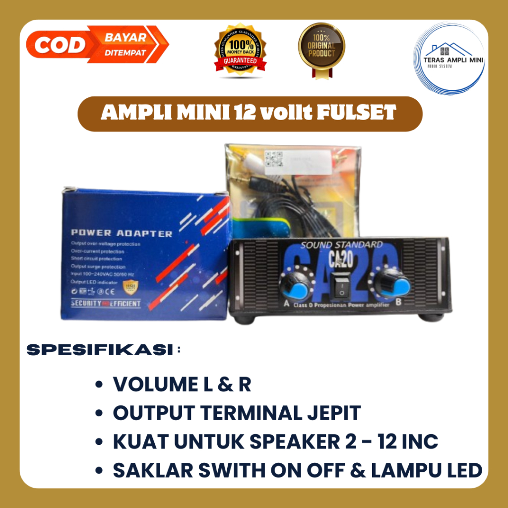 Power Ampli Mini 2×30 Watt Class D Stereo 2 Chanel Model CA20 Paket Lengkap Siap Cek Sound