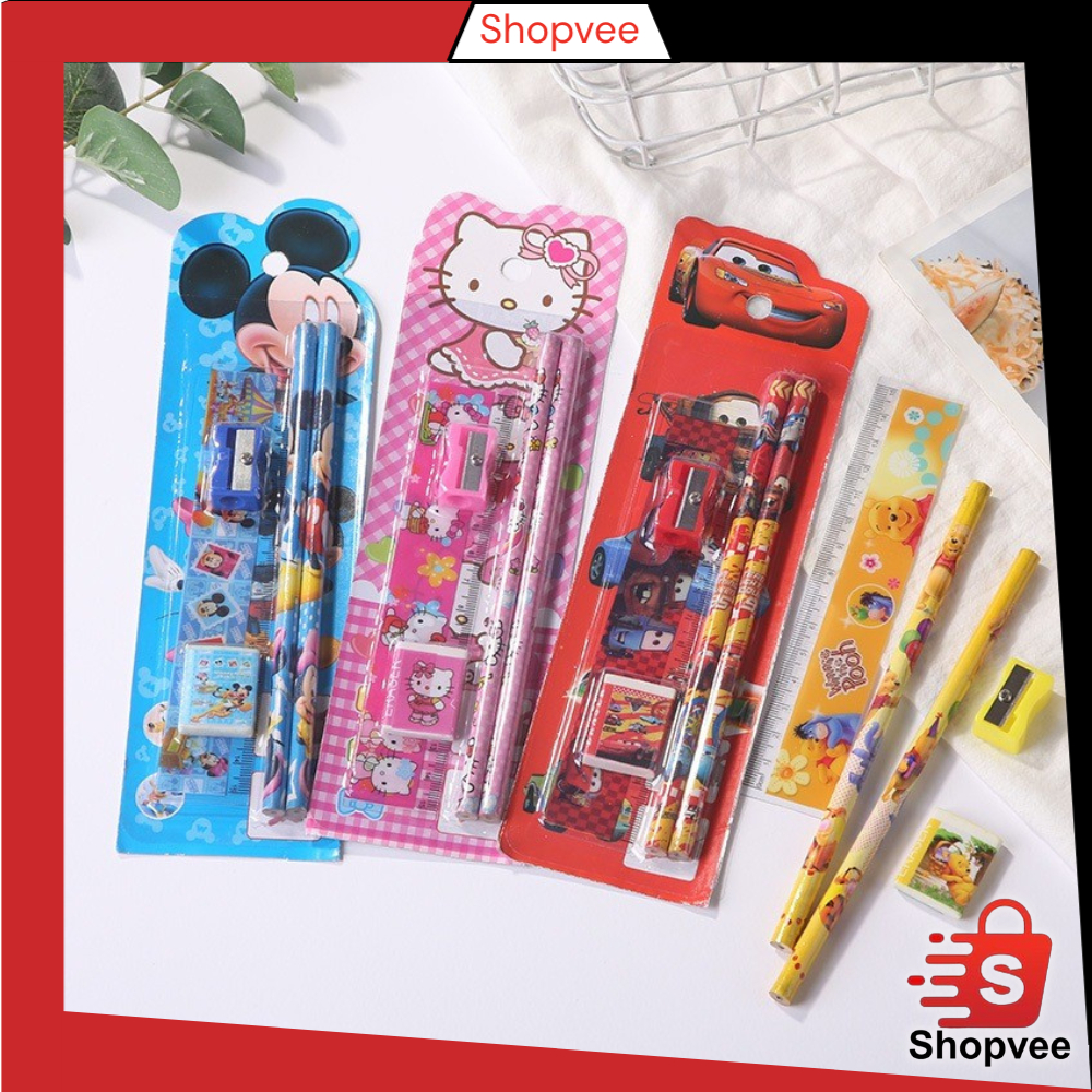 

Shopvee Stationery Set 5 in 1 Alat Tulis Anak Sekolah Penghapus Penggaris Pensil Serutan Karakter Lucu Random Y9011