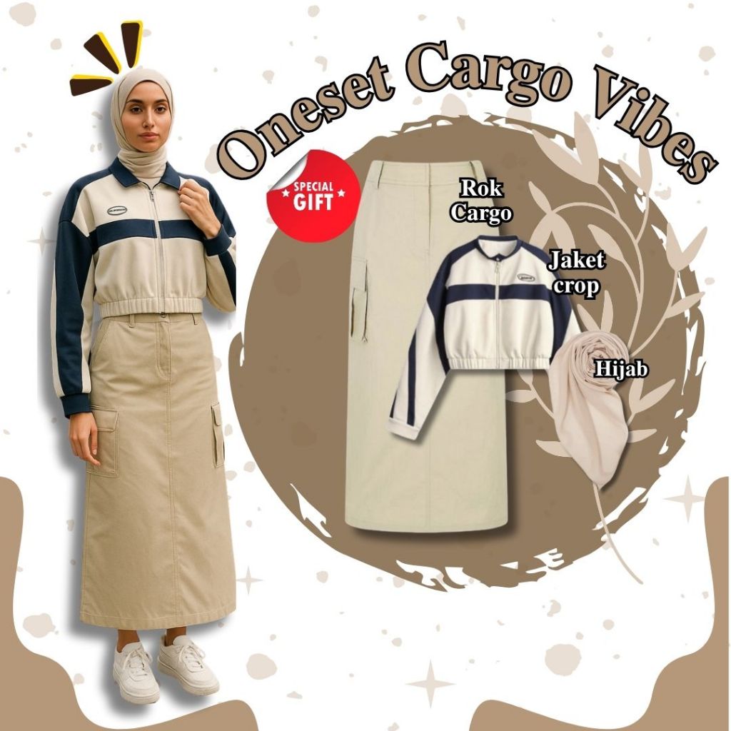 One Set Rok Cargo Hijab OOTD (Rok + Jacket + Hijab) Tampil Stylish & Fungsional Dengan Rok Cargo Kek