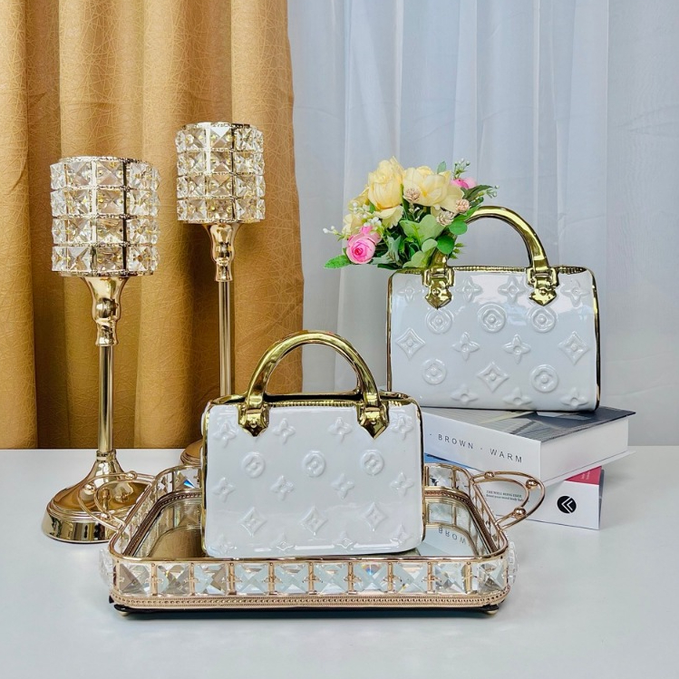 [VAES] Pajangan Tas Vas Keramik LV02 Putih Emas | Vas Bunga Gold White Minimalis | Dekorasi Mewah Ru