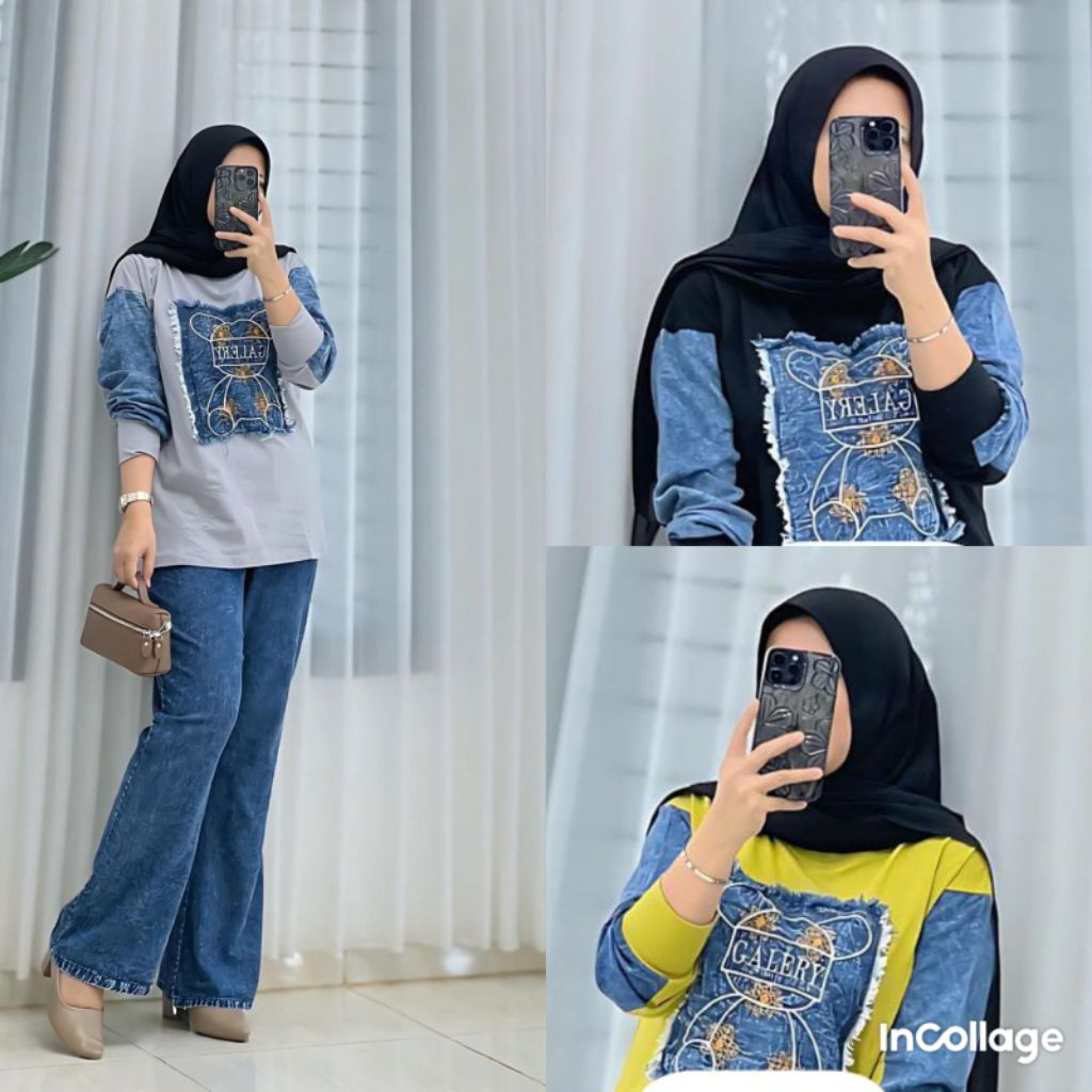 Setelan Combed Jeans Sand Wash Wanita Dewasa Desain Modern/ Setelan Wanita Terbaru Kekinian/ One Set