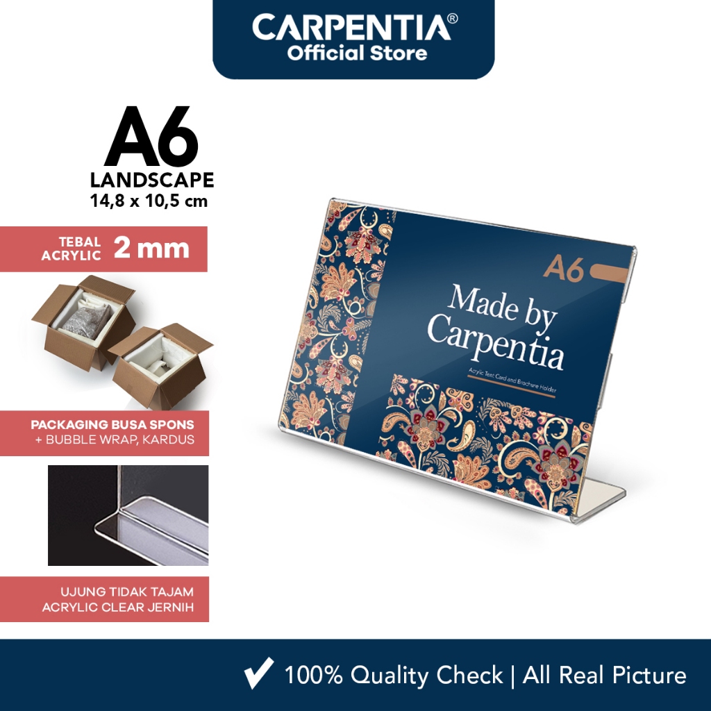 

Carpentia | Acrylic Standing Tipe L - A6 Horizontal Landscape 14,8x10,5 cm -[Akrilik Display Brosur]