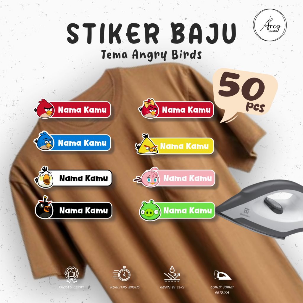 

( 50pcs ) Custom Cetak Stiker Kain Label Nama DTF tema Angry Birds Sablon Setrika
