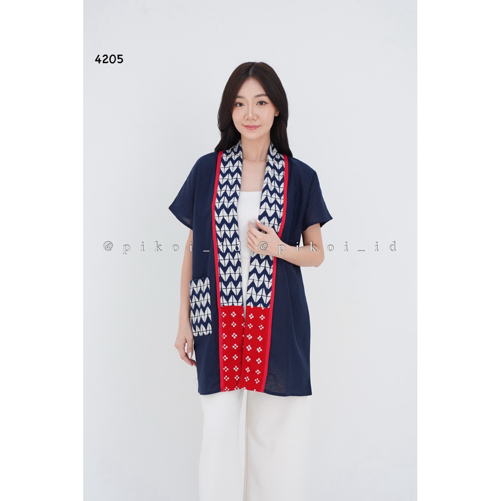 Cardigan panjang batik wanita modern lengan pendek / Long outer batik linen / Cardigan Awkarin 3504