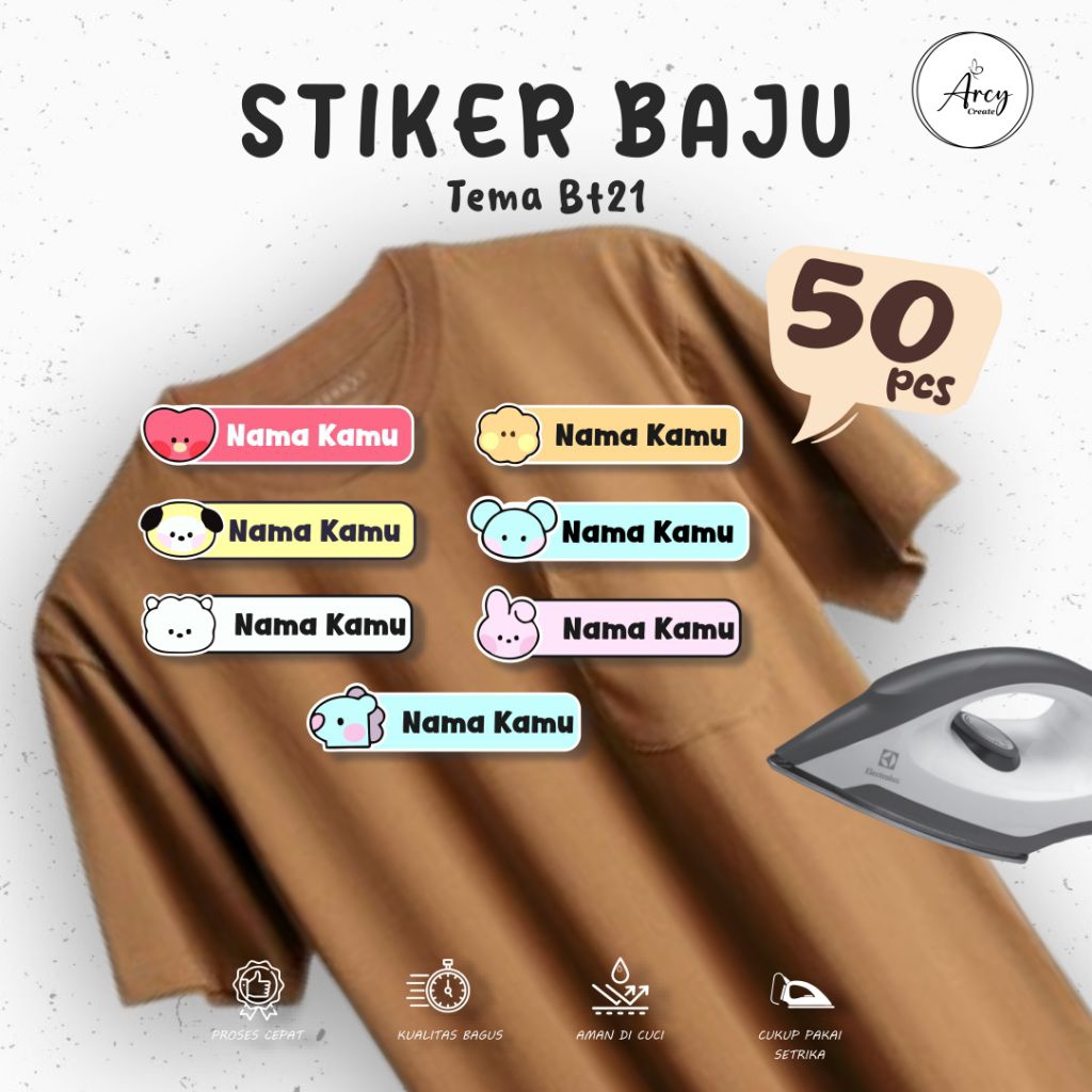 

( 50pcs ) Custom Cetak Stiker Kain Label nama baju DTF tema BT21 Sablon Setrika