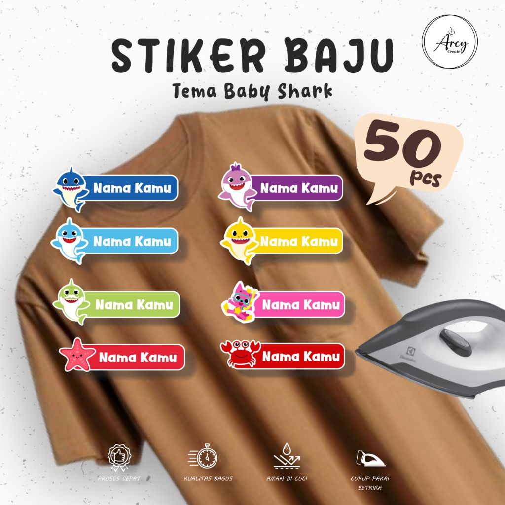 

( 50pcs ) Custom Cetak Stiker Kain Label Nama baju DTF tema Baby Shark Sablon Setrika