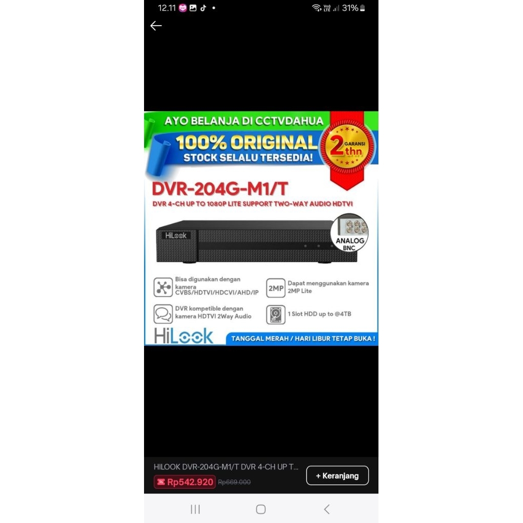 DVR HILOOK 4CH FULL HD 1080P AUDIO SERIAL DVR CCTV  TWO-WAY AUDIO