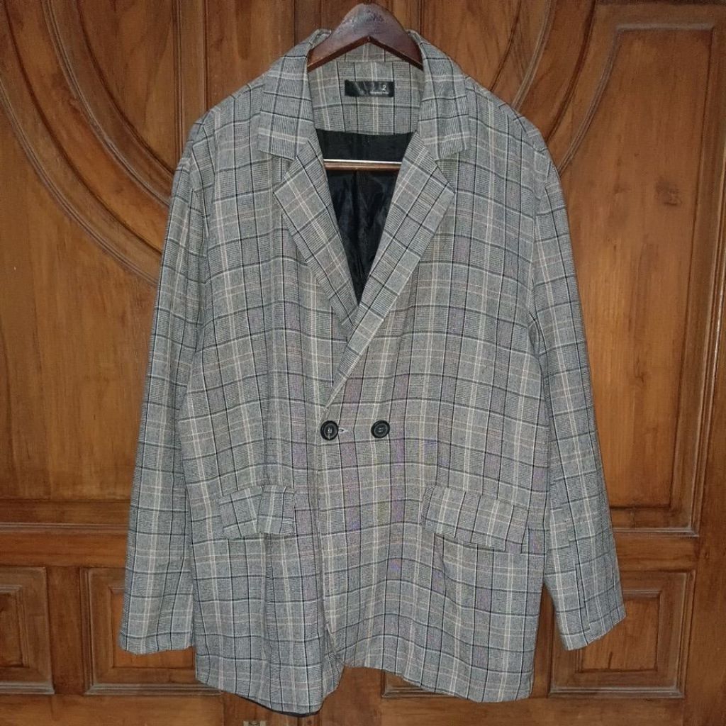 PRELOVED "2" Blazer Formal Wanita Tartan HS Abu Garis Cokelat Bigsize LD 116