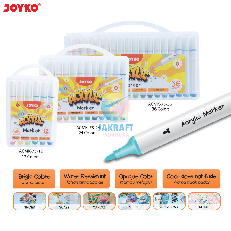 

(1 Pack) Set Spidol Acrylic Bullet Tip Permanent Pen Marker 12 / 24 / 36 Warna JOYKO ACMK-75 Hard Case Handle Tenteng Permanen Segala Permukaan Gelas Kertas Kaca Akrilik Lebih Pekat Opaque Tebal 2 mm