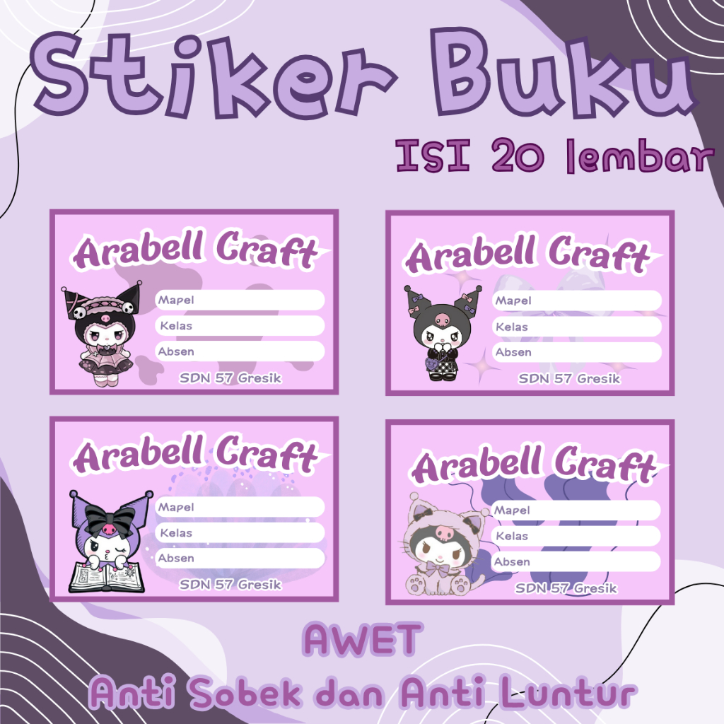 

Stiker Buku Mata Pelajaran Glossy Premium anti luntur dan sobek tema KUROMI
