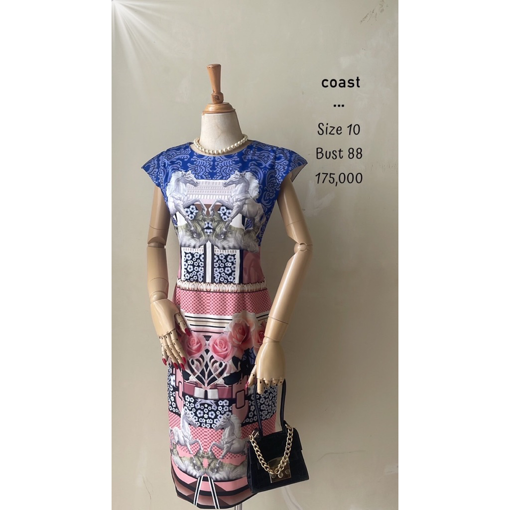 Midi dress motif biru elektrik motif batik bunga mawar pink kuda putih cantik bagus banget premium c
