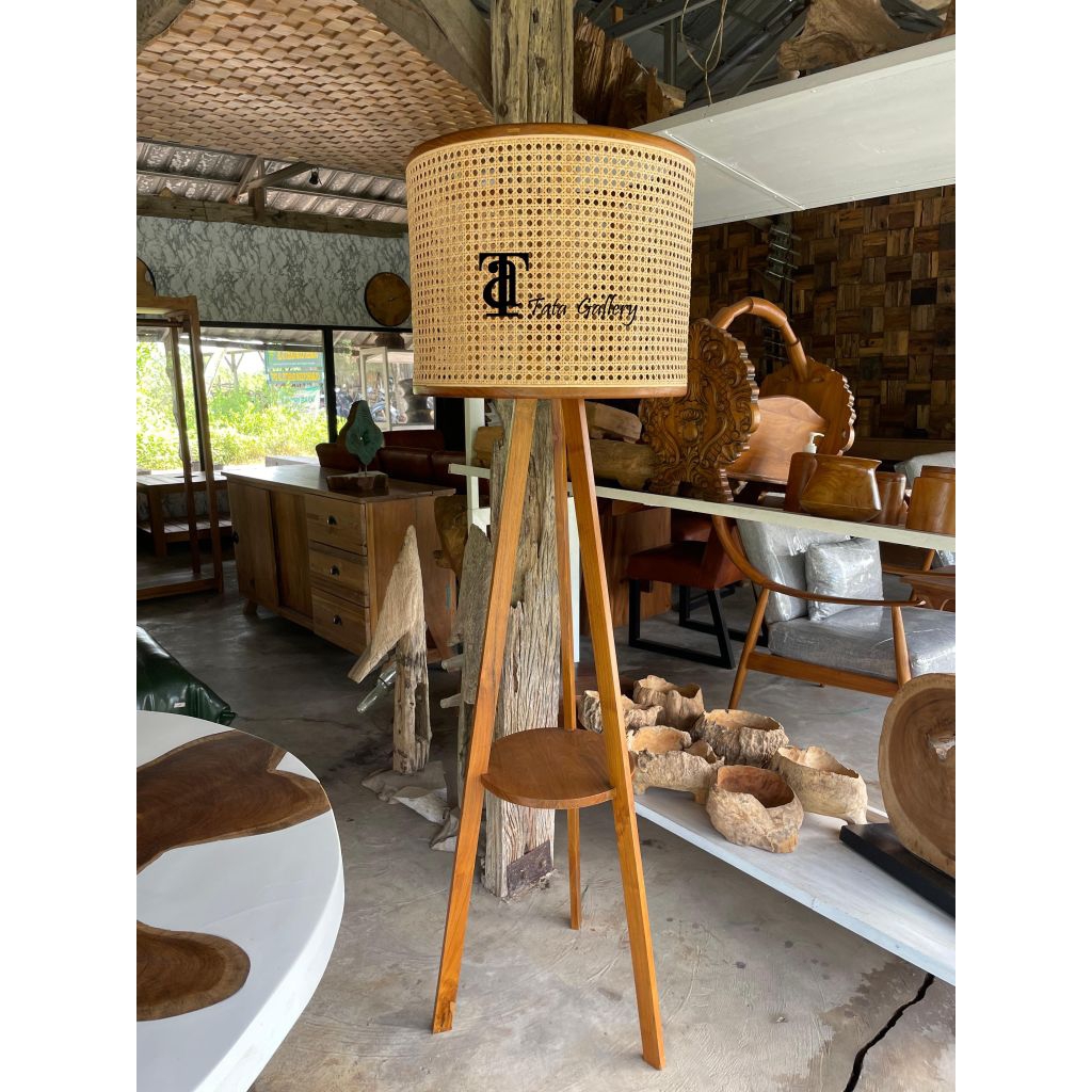 Standing Lampu | Kayu Jati | Kombinasi Rotan | Aesthetic