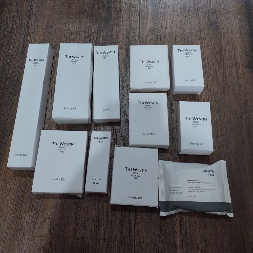 AMENITIES HOTEL BINTANG 5 WESTIN RESORT NUSA DUA BALI DENTAL KIT SHAVING KIT VANITY KIT SHOWER CAP  