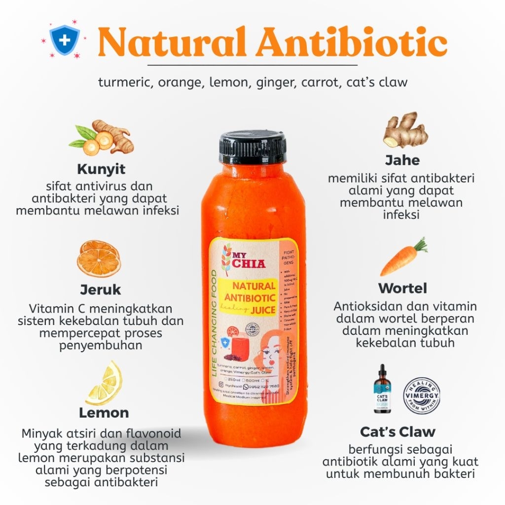 

Natural Antibiotic Healing Juice 1 Liter Jus Immunity Series dengan Vimergy Cat's Claw untuk imun Cold Pressed My Chia