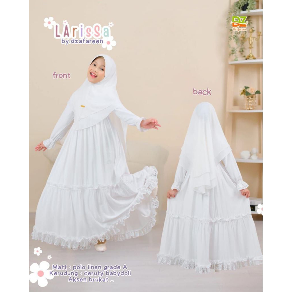 Gamis Larissa Series By Dzafareen/ Set Gamis Linen Putih Anak/ Set Gamis Manasik Anak 5-14 Tahun