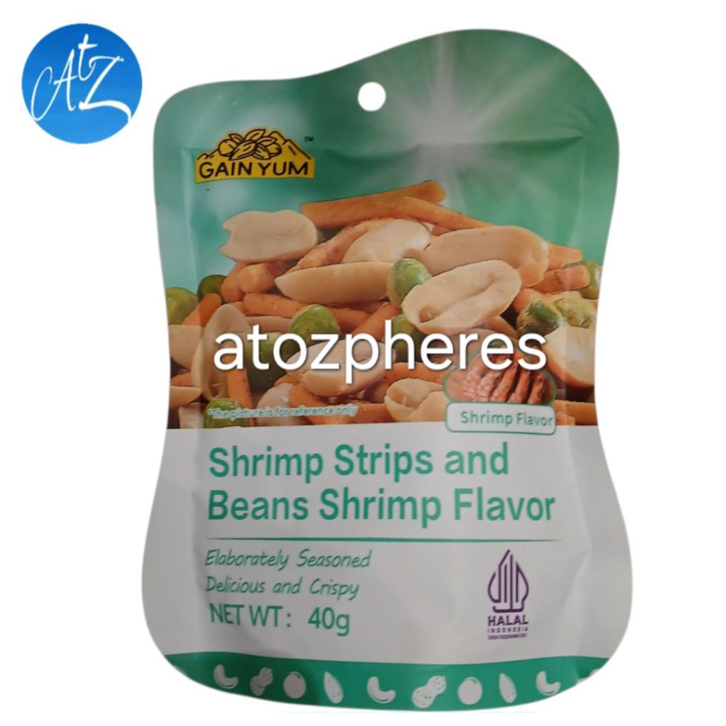 

Kacang Goreng rasa Udang halal MUI GAIN YUM Shrimp Strips and Beans Shrimps Flavor 40g