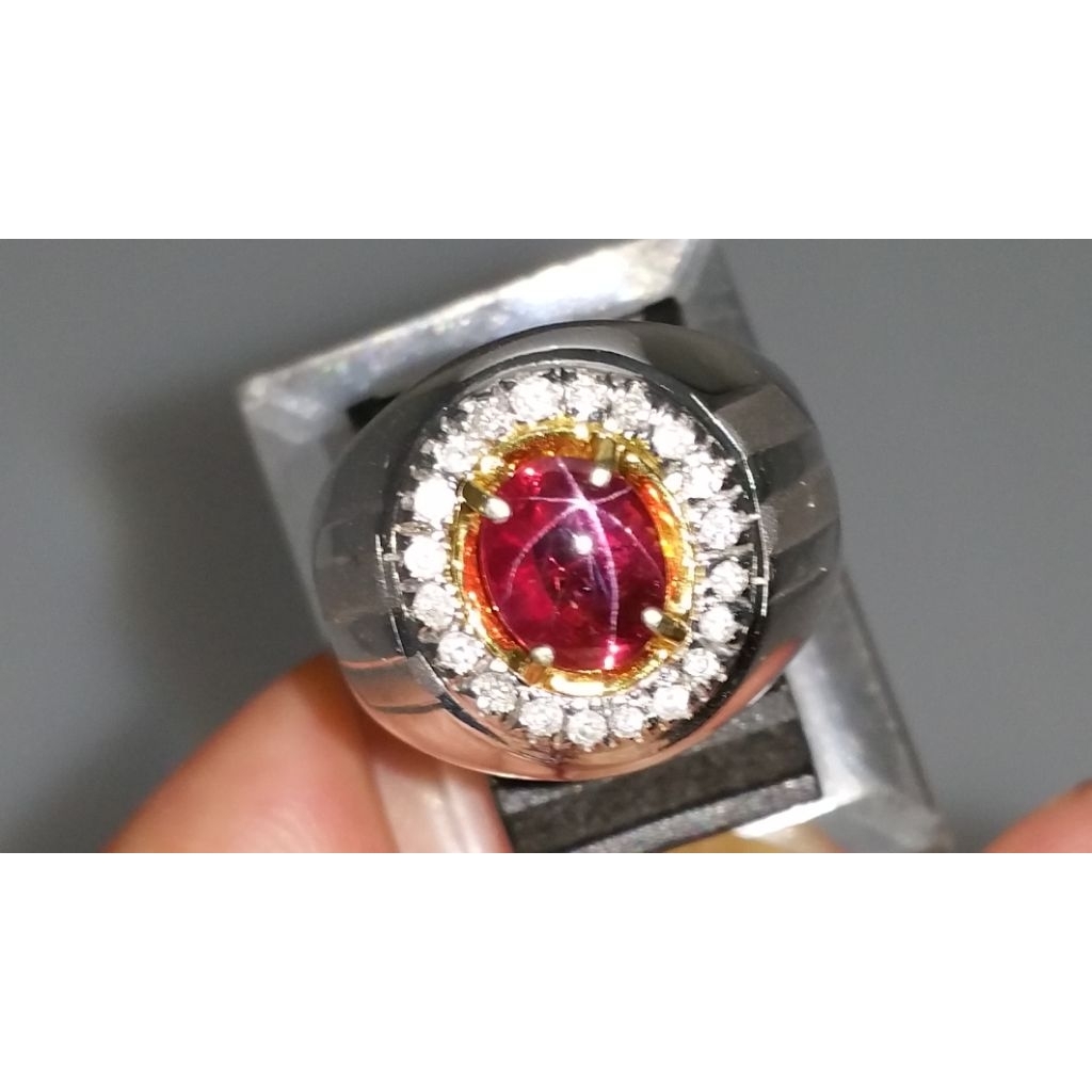 2.39ct Unheated Star Ruby Ceylon Sri Lanka purplish Red with 18k Gold and Diamond men's ring no heat
