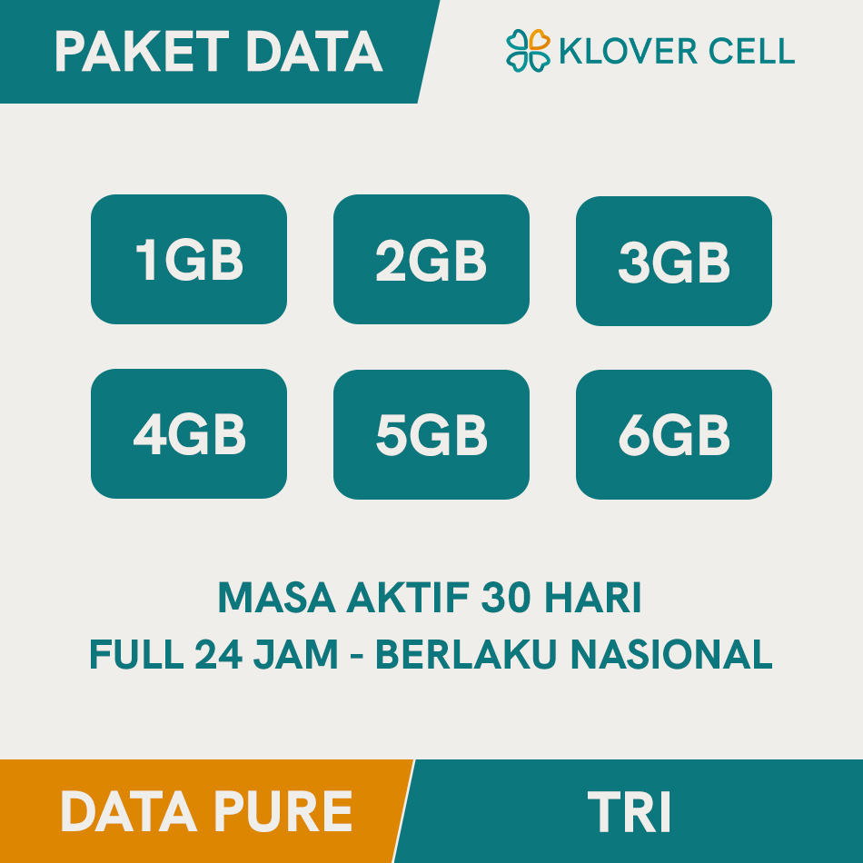 Inject Kuota TRI Pure 1GB 2GB 3GB 4GB 5GB 6GB Paket Data Bulk Full 24 Jam 30 Hari Nasional