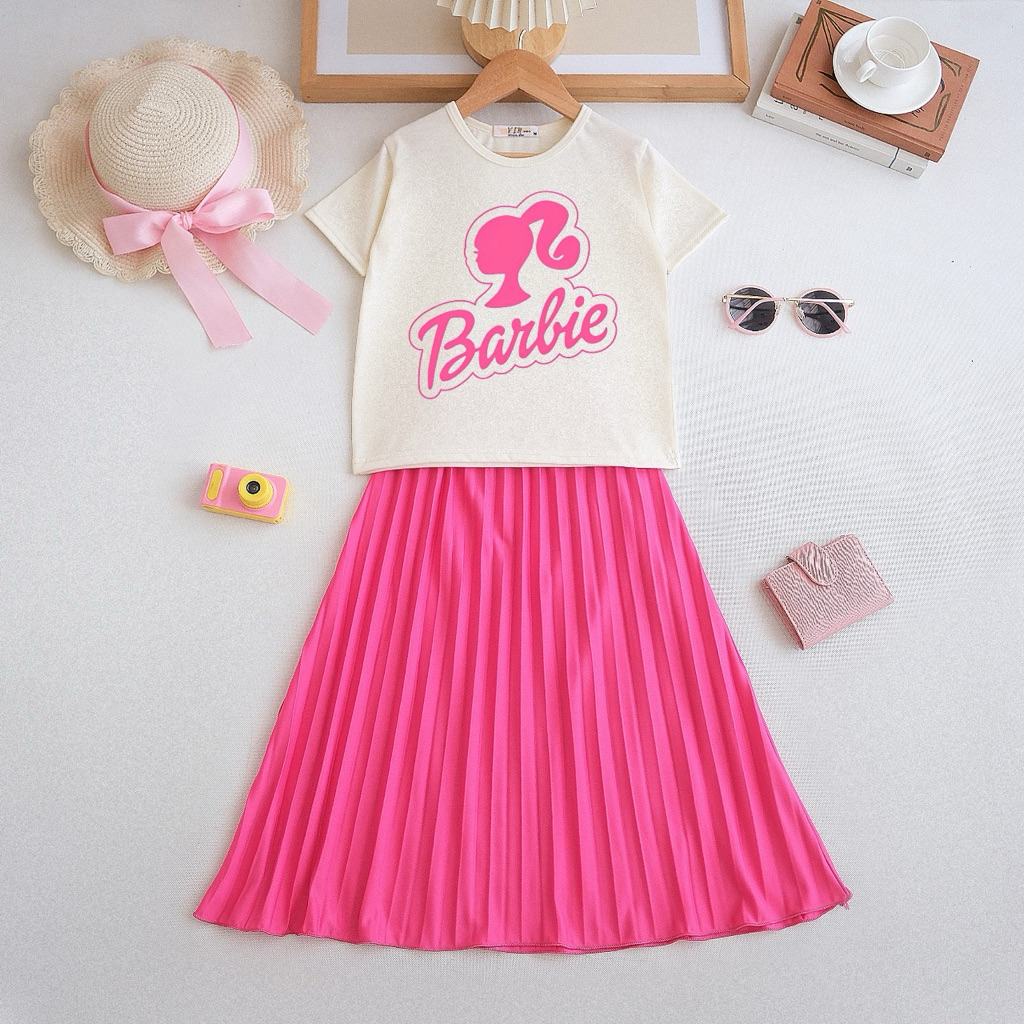 Setelan Rok Plisket Mayung Baju BARBIE Anak Perempuan Umur 3-12 Tahun